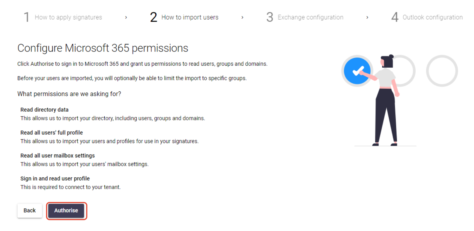 Setup wizard screen showing Entra ID permissions and the Authorise button
