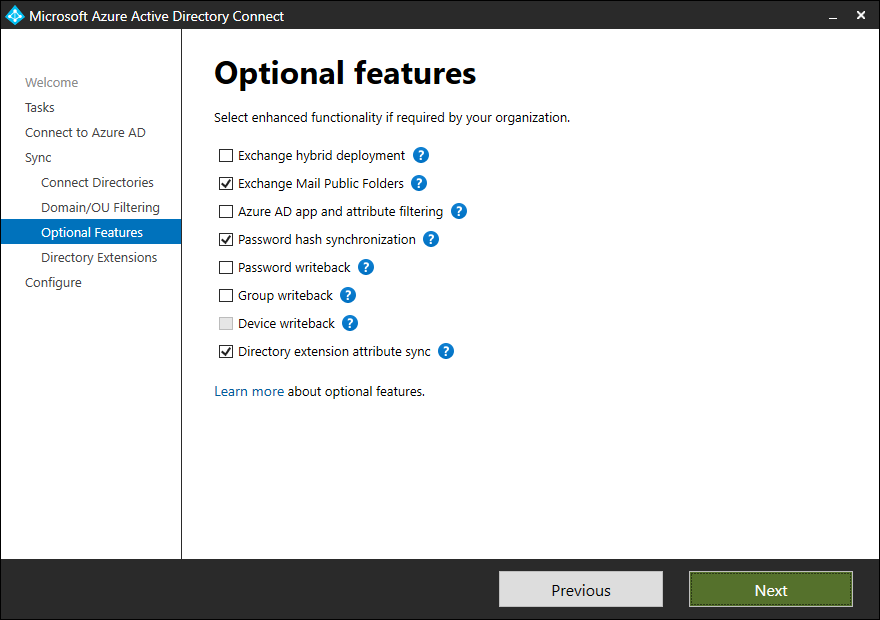 Microsoft Entra Connect Optional Features pane with Exchange Mail Public Folders option ticked