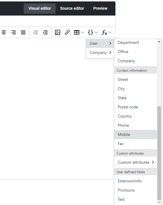 Template editor field picker showing custom fields listed under User defined fields