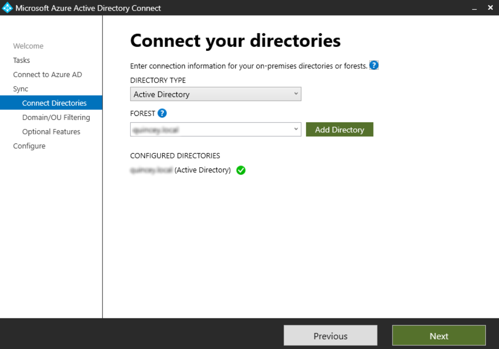 Entra Connect wizard showing Active Directory connection details step